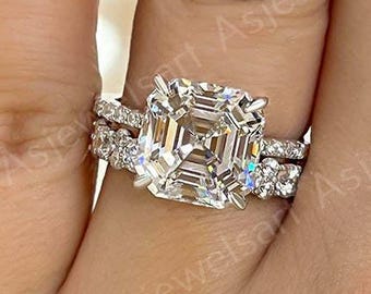 3CT Asscher Cut Lab Grown Diamond Bridal Ring Set: 14K Gold Eternity Band