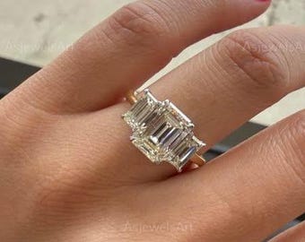 Emerald Cut Diamond Three Stone Ring, Lab-Grown Diamond Engagement Ring,Side Emerald Diamonds, Vintage Style Proposal Anniversary Ring