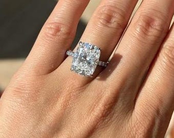7CT Cushion Cut Lab Grown Ring/ Solitaire Diamond Engagement Ring/ Accent Set Lab Diamond Ring/ E-VS1 Lab Grown Diamond Bridal Ring