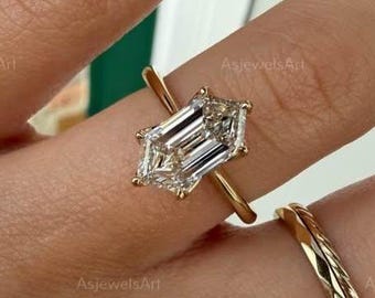Solitaire Hexagon Engagement Ring, 3 CT Lab Grown Diamond, Elongated Hexagon Cut, Wedding Anniversary Ring