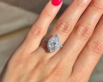 Marquise Cut Lab Diamond Engagement Ring, Classic Half Eternity Ring, White Gold Lab Diamond Halo Wedding Ring, Micro Pave Bridal Ring Women