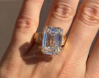 Handmade Art Deco Emerald Cut Diamond Ring, 15 Ct Lab Grown Diamond Engagement Ring, Floral Basket Set Ring, Yellow/White/Rose Gold Ring