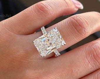 6CT Radiant Cut Lab Diamond Engagement Ring: IGI Certified, Hidden Halo, Pave Band