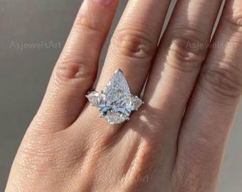 5CT Pear Cut Lab Diamond Ring: E-VVS2 Solitaire, Accents, Eco-Friendly Wedding Band