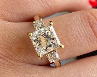 2 Carat Princess Cut Lab Grown Diamond Engagement Ring – Certified Elegant Proposal Ring with Side Round Stones for Her, Affordable Gift