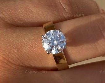 Round Diamond Engagement Ring Brilliant Cut Lab Grown Diamond Ring Wide Band Anniversary Ring Solitaire High Setting Ring Round Diamond Ring