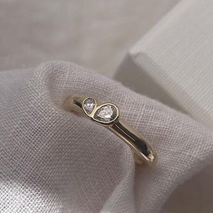 Double Pear Cut Moissanite Diamond Ring, Two Stone Toi Et Moi (You & Me) Ring, Minimalist Teardrop Ring, Engagement 14K Yellow Gold Ring