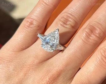 Pear Shaped Diamond Engagement Ring with Tapered Baguettes, 3.5 CT Lab Grown Center Stone, Women’s Promise or Anniversary Gift