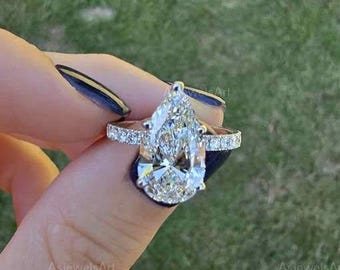 3.00CT Pear Cut Lab Grown Diamond Engagement Ring: 14K White Gold Hidden Halo & Side Pave Set, CVD Diamond Ring, Proposal Ring for Her