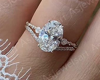 Conjunto nupcial de diamantes ovalados de laboratorio de 3 quilates, anillo de compromiso con halo oculto, alianza de boda curva vintage para mujer, anillo de boda Art Déco