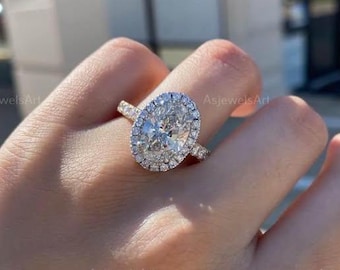 Oval Cut Lab Grown Diamond Engagement Ring, 14k White Gold Halo Cathedral Wedding Ring