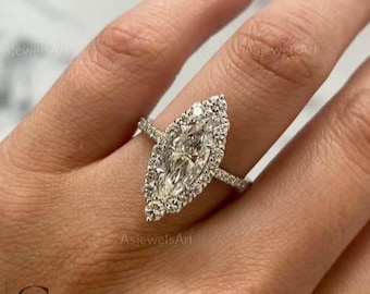 Marquise Diamond Halo Engagement Ring with Pave Setting, Lab Grown Diamond Wedding Ring, Yellow/White/Rose Gold Ring, Anniversary Gift Ring