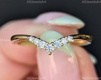 Curved Wedding Band Custom Curve V Shaped Chevron Enhancer Lab Grown Diamond Band Women Pave Diamond Dainty Ring Engagement Matching Band