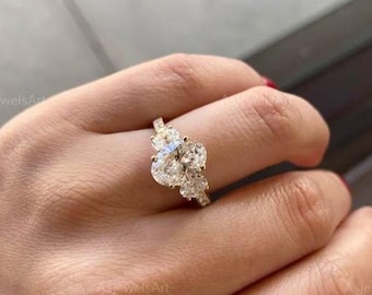 Three Stone Oval Engagement Ring With Pave Band | Lab Made Diamond | IGI Certified