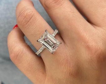 Lab Grown Emerald Cut Diamond Engagement Ring: Pave Hidden Halo