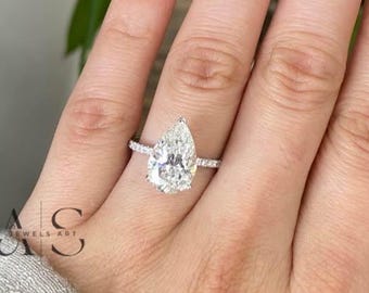 2.5 CT Pear Cut Lab Grown Diamond Engagement Ring | Pave Side Stones, Hidden Halo, IGI Certified