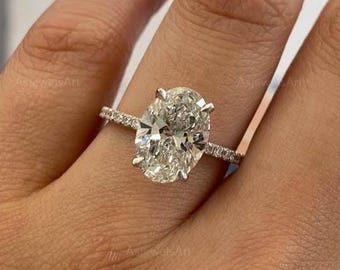 IGI Certified Lab Grown Oval Diamond Engagement Ring: Hidden Halo, Pavé Band
