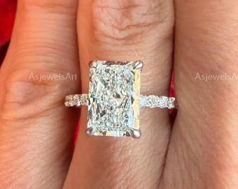 3.00 Carat E color VVS2 Clarity IGI CERTIFIED Elongated Radiant Cut Lab Grown Hidden Halo Diamond Engagement Ring 14k White Gold
