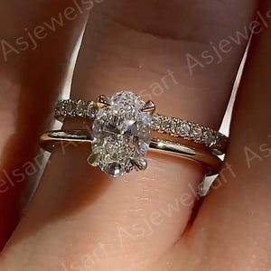 3 Ct Oval Cut Moissanite Wedding Ring Set, Moissanite Engagement Ring Set, Vintage Bridal Set, Art Deco Matching Bands, 14k Gold Ring