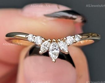 Custom Marquise & Round Curved Ring Lab Grown Diamond Wedding Band Unique Diamond Marriage Ring for Women Minimalist Ring Anniversary Ring
