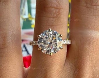 Round Cut Lab Grown Diamond Hidden Halo Engagement Ring, 14K White Gold Pave Setting