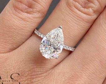 Pear Diamond Engagement Ring Genuine Lab Grown Diamond Ring Hidden Halo Anniversary Ring Pear Cut Diamond Ring for Her IGI Certified Ring