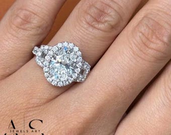 Oval Lab Grown Diamond Engagement Ring: White Gold Three Stone Trilogy, Side Trapezoid Diamond, Halo Ring