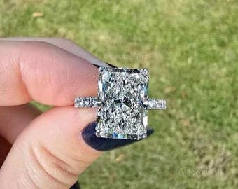 4.5 CT Radiant Cut Lab Grown Diamond Engagement Ring, Hidden Halo Ring, Pave Diamond Band, 18k White Gold Solitaire Ring