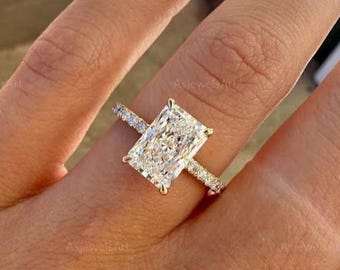 2.90CT Radiant Cut Lab Grown Diamond Engagement Ring: Hidden Halo & Side Pave Band, Promise Anniversary Ring for Her, Art Deco Proposal Ring