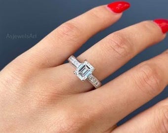 Emerald Cut Lab Grown Diamond Hidden Halo Ring: Round Cut Side Stone Engagement Ring, IGI Certified