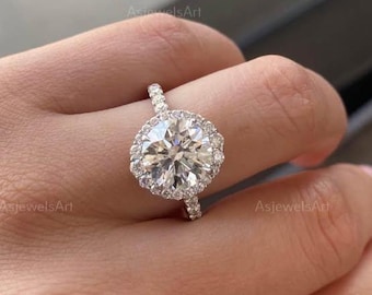 Minimalist Round Diamond Halo Engagement Ring, Dainty Pomise Ring for Her, Lab Grown Diamond Wedding Ring by ASJewelsArt, Anniversary Gifts