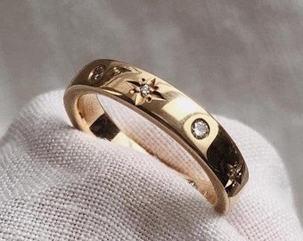 14k Gold Diamond Starburst Ring, Stars Ring, Half Eternity Band, Solid Gold And Diamond Band, Multi Stars Ring, Gold Wedding Band