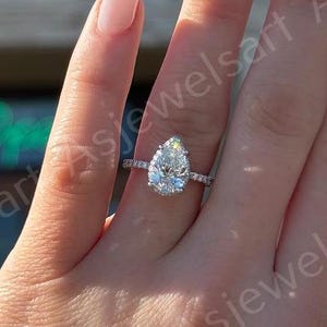 Pear Shaped Moissanite Engagement Ring Yellow Gold Pear Engagement Ring Hidden Halo Moissanite Wedding Ring Women Solitaire Promise Ring