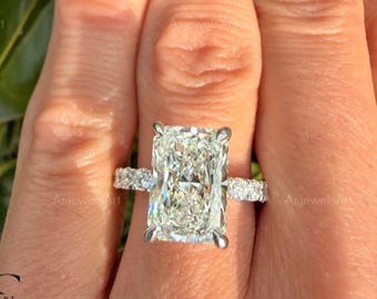 6 Carat E color VS1 Clarity IGI CERTIFIED Elongated Radiant Cut Lab Grown Hidden Halo Diamond Engagement Ring 14k White Gold