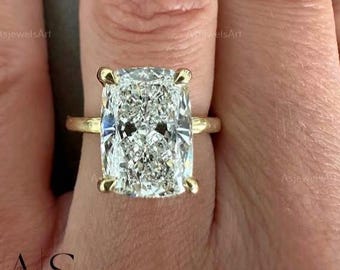 4.00 carat IGI Certified E Color VS1 Clarity Elongated Cushion Cut Lab Grown Diamond Solitaire Hidden Halo Engagement Ring 14k Yellow Gold