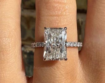 3 Carat IGI CERTIFIED Elongated Radiant Cut Lab Grown Hidden Halo Diamond Engagement Ring