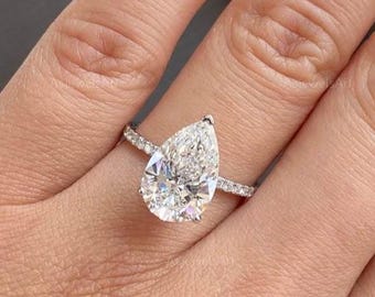 Pear Cut Lab Grown Diamond Engagement Ring | Pave Side Stones, Hidden Halo, IGI Certified