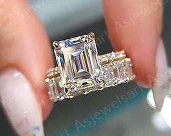 3 CT Emerald Cut Lab Grown Diamond Bridal Set, 14k Gold Solitaire Engagement Ring With Radiant Eternity Wedding Band, Anniversary Gift Women
