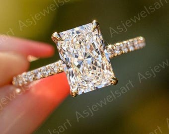 2CT Radiant Cut E-VVS2 Lab Grown Diamond Engagement Ring: 14k 18K Gold Hidden Halo