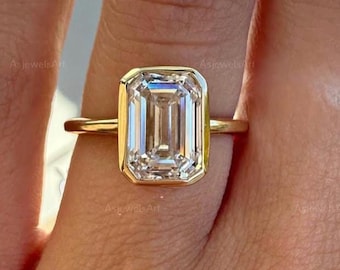 3 Carat E Color VVS2 Clarity IGI CERTIFIED Emerald Cut Lab Grown Diamond Bezel Set Solitaire Engagement Ring 14k Yellow Gold 2mm