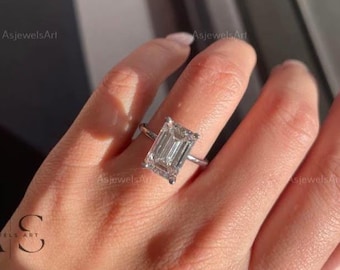 4 Carat Emerald Cut Lab Grown Diamond Ring | Solitaire Hidden Halo | 14K Yellow Gold | IGI Certified