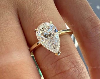 Pear cut diamond engagement ring, 2ct IGI Certified Lab Grown Diamond, Hidden halo diamond, 14K/18K gold