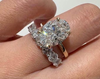 Oval Diamond Bridal Set Bridal Wedding Set Real Lab Grown Diamond Ring Set Solitaire 5 CT Oval Diamond Engagement Set Half Eternity Band