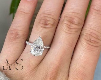 Pear Diamond Engagement Ring Genuine Lab Grown Diamond Ring Hidden Halo Anniversary Ring Pear Cut Diamond Ring for Her IGI Certified Ring