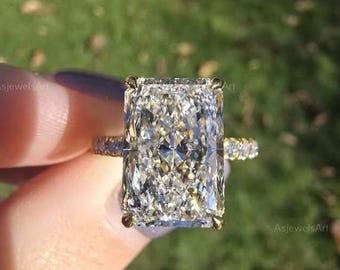 5.00 Carat Radiant Cut Lab Grown Diamond Engagement Ring / 14k Yellow Gold / Hidden Halo & Pave Side Stones / IGI Certified
