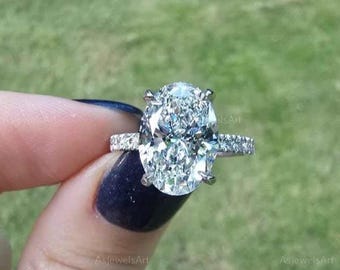 3.25ct Oval Lab Grown Diamond Engagement Ring, IGI Certified, Pave Set, 18k White Gold