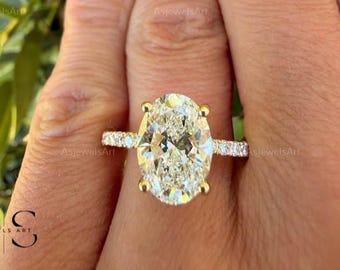3 Carat IGI Certified E Color VVS2 Clarity Lab Grown Oval Cut Lab Grown Diamond Engagement Ring 18k White Gold Hidden Halo Pave Set Diamonds