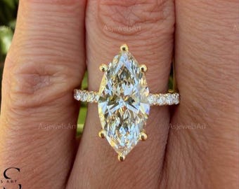 3.50 Carat Marquise Cut Lab Grown Diamond Engagement Ring / Hidden Halo & Side Stones / 14k Yellow Gold