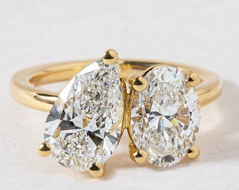 14k Solid Gold Toi Et Moi Engagement Ring, Pear and Oval Cut Moissanite Two Stone Wedding Ring, Double Stone Ring, Anniversary Ring For Wife