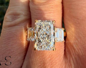 Radiant Cut 5.5 carat IGI Certified E Color VVS2 Clarity Lab Grown Diamond Three Stone Engagement Ring, Side Emerald Diamond, 18K Gold